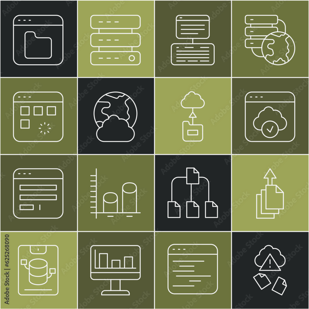 Poster set line cloud hacking, data export, technology data transfer, server, data, web hosting, social net