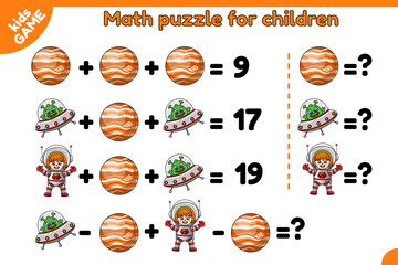 Math game for children. Educational puzzle for school kids. Mathematical exercise for learning algebra. Cartoon planet Jupiter, extraterrestrial and astronaut girl. Vector illustration on space theme.