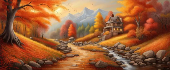 Keuken foto achterwand Rood Autumn landscape house in forest with mountain river among orange trees against the background of hills and mountains