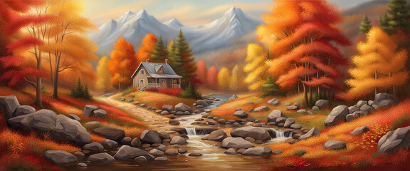 Autumn landscape house in forest with mountain river among orange trees against the background of hills and mountains