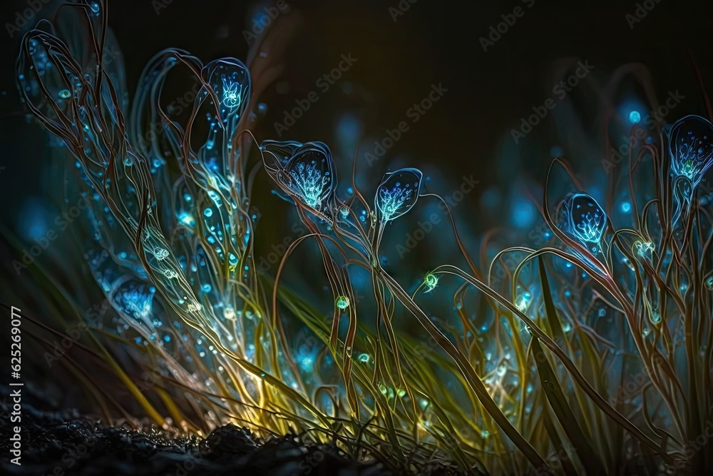 Poster abstract fractal background with dew drops and grass