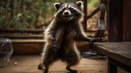 a very cheerful raccoon  in the  kitchen. AI Generated - obrazy, fototapety, plakaty