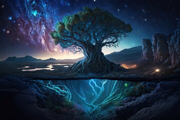 A fantastic alien nighttime planet with a big tree