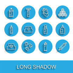 Fototapeta premium Set line Spray can nozzle cap, Marker pen attachment, Paint spray, Paint, gouache, jar, dye and icon. Vector