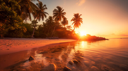 Tropical paradise beach with palm trees at sunset. AI Generated