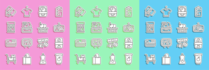 Set line Yogurt container, Fish plastic tray, Identification badge, Meat packaging steak, Cash register machine, Commercial refrigerator, POS terminal and Electronic scales for product icon. Vector