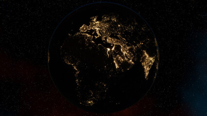 Earth view from space. Night time. Europe, Africa and Middle East. Night lights from space. 4K illustration realistic atmosphere. 