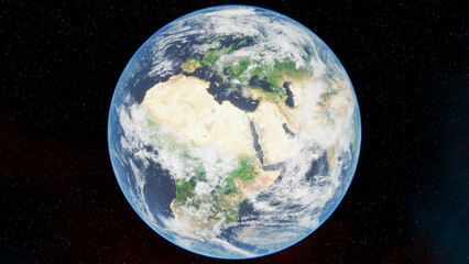 Earth view from space. Day time. Europe, Africa and Middle East.  4K illustration realistic atmosphere. Clouds from space.