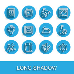 Set line Molecule, Height geometrical figure, Calculator, Medicine pill, Virus, Graphing paper for engineering, Test tube and Experimental mouse icon. Vector
