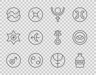 Set line Mars symbol, Bottle of water, Symbol Pluto, Cancer zodiac, Planet, Sagittarius, Neptune planet and Medallion with eye icon. Vector