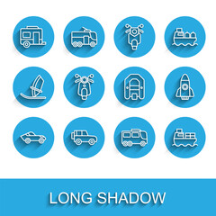 Set line Car, Off road car, Rv Camping trailer, Bus, Cargo ship with boxes delivery, Scooter, Rocket and Rafting boat icon. Vector