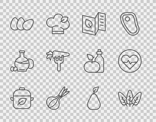 Set line Vegan food diet, Leaf, Vegetarian menu, Onion, Chicken egg, Carrot, Pear and Heart rate icon. Vector