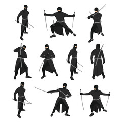 Ninja Fighters silhouette collection. Ninja character icon. Flat vector illustration isolated on white background