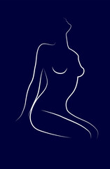 Graceful female body. Sketch white simple lines on a dark blue background. Art abstract background