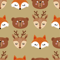 Forest animals pattern design with bear, deer and fox - funny hand drawn doodle, seamless pattern. Background or t-shirt textile graphic design. Wallpaper, wrapping paper, bedsheets.