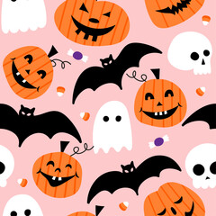 Cute Halloween seamless pattern with spider web, ghosts and pumpkins. Cute doodle design. Jack o lantern set. funny hand drawn doodle, textile graphic design. wallpaper, wrapping paper, background.