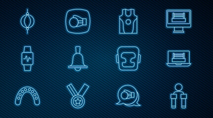 Set line Jump rope, Boxing ring, jersey and t-shirt, bell, Smart watch with heart, Punching bag, helmet and glove icon. Vector