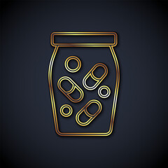 Obraz premium Gold line Medicine bottle and pills icon isolated on black background. Bottle pill sign. Pharmacy design. Vector
