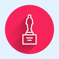 White line Movie trophy icon isolated with long shadow. Academy award icon. Films and cinema symbol. Red circle button. Vector
