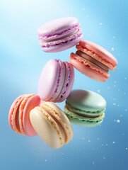 Obraz premium Flying macarons, created with generative AI technology