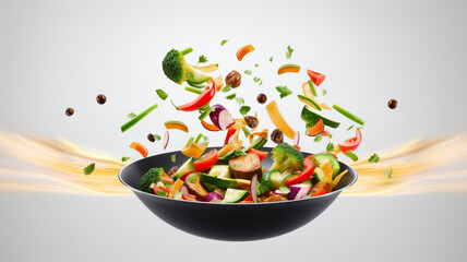A pan with sauteed ingredients against plain background, created with generative AI technology - obrazy, fototapety, plakaty