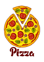 Tasty pizza slice separated. Delicious fast food meal. Illustration for cafe menu.