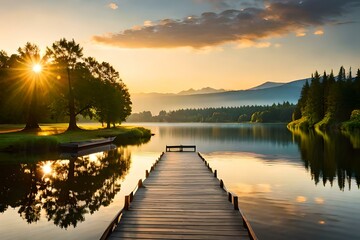 Fototapeta premium Brown Wooden Dock on River Created Using AI tool