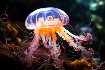 Bright glowing jellyfish on a coral reef, AI Generated