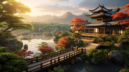 Obraz premium A japanese scenery themed background, created with generative AI technology