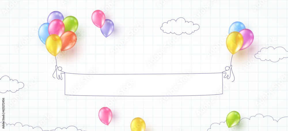 Wall mural back to school paper notebook background. drawing children and flying colorful balloons banner. vect