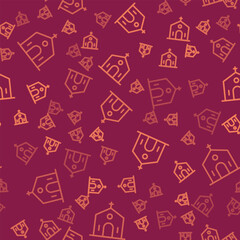 Brown line Church building icon isolated seamless pattern on red background. Christian Church. Religion of church. Vector