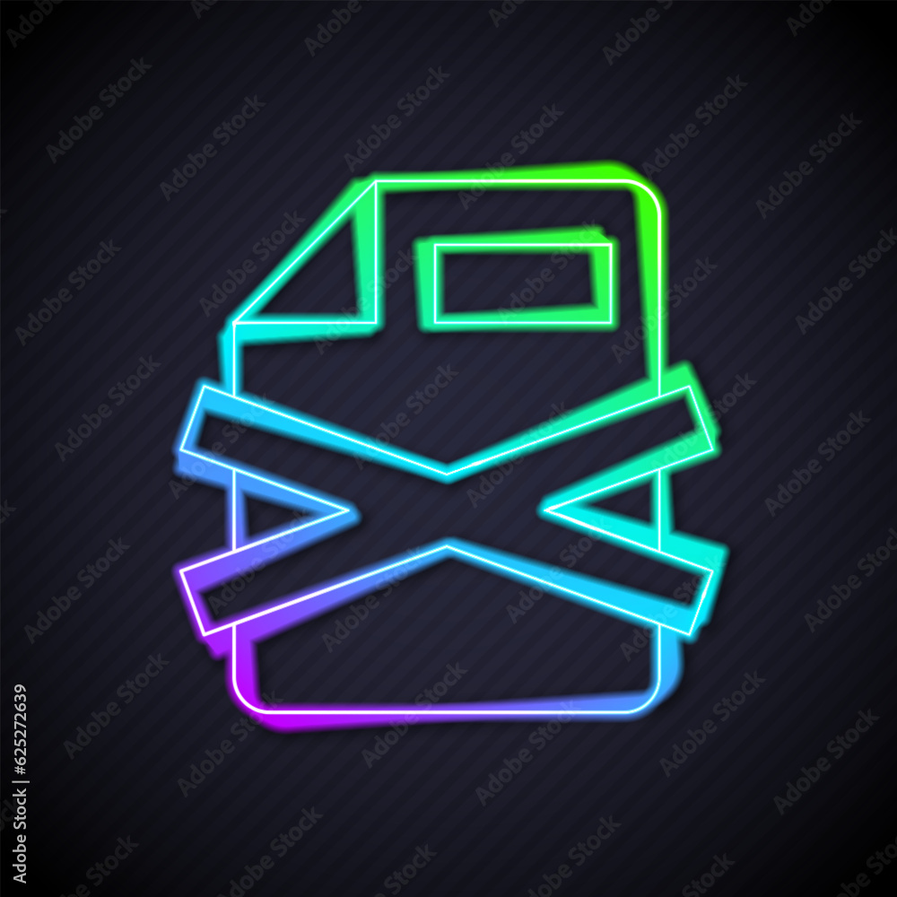 Poster glowing neon line delete file document icon isolated on black background. rejected document icon. cr
