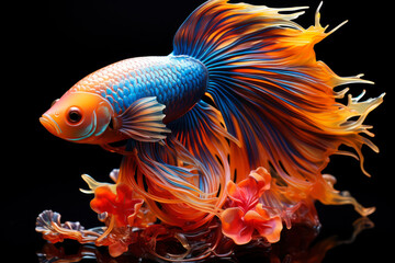 Fototapeta premium Colorful betta fish isolated on black background, cockerel in aquarium close-up, AI Generated