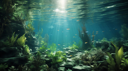 Fototapeta na wymiar An underwater scenery background, created with generative AI technology
