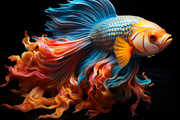 Colorful betta fish isolated on black background, cockerel in aquarium close-up, AI Generated