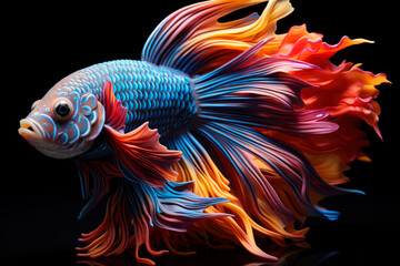 Fototapeta premium Colorful betta fish isolated on black background, cockerel in aquarium close-up, AI Generated