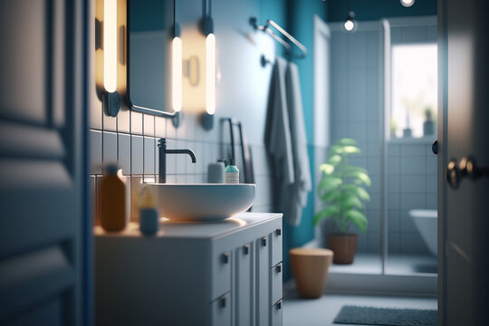 charming bathroom with plants and other modern decorations and with a light blur, generative AI