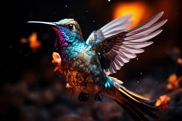 Colorful hummingbird on a bright multicolored background, nature wallpaper with colibri bird, AI Generated