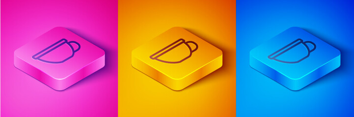 Isometric line Cup of tea icon isolated on pink and orange, blue background. Square button. Vector