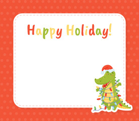 Fototapeta na wymiar Cute Crocodile Character Holiday Greeting Card Vector Template