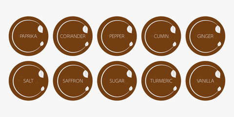 Spice organizer sticker set in brown colors. Vector food labels for spices. Labels for marking. Stickers for spices on a dark background. Vector illustration