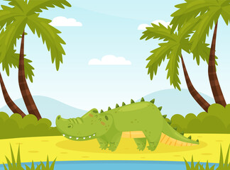 Cute Crocodile Character in Jungle Among Palm Tree Vector Illustration