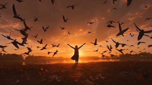 Aperson with outstretched arms by birds a sunset sky, Generative AI.