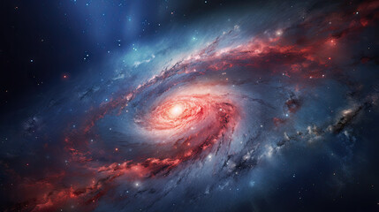 Fototapeta na wymiar Spiral galaxy with dust paths producing a fascinating cosmic background. Generative AI