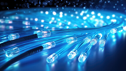 Radiant blue threads of fiber optic cables denoting digital interconnectivity. Generative AI