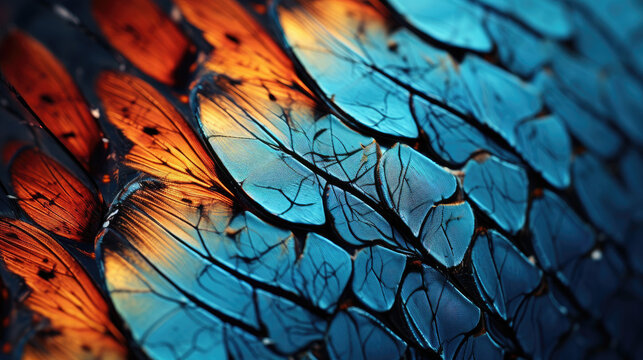 Microscopic gaze upon a butterfly's wing, revealing intricate configurations. Generative AI