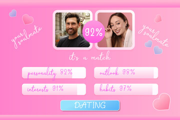 Soulmate match. Dating site interface with photos of possible pair and data