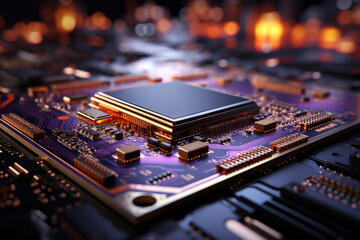 Fototapeta na wymiar Futuristic future motherboard design with CPU socket, microchips, microprocessors, integrated circuits and connectors for connection, technology science background, AI Generated