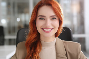 Happy woman having video call in office, view from web camera