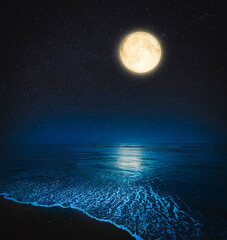 Picturesque starry sky with full moon over sea at night